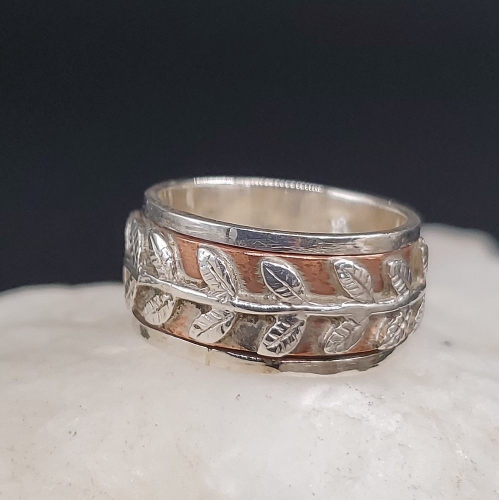 Sterling Silver 925/14k Rose Gold Ring Designer Silversmith Boho Leaf Branch